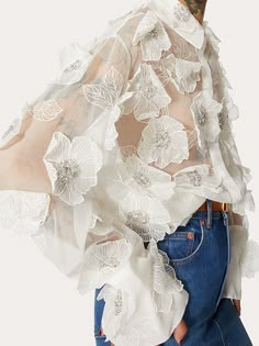 Rococo Inspired Fashion, Blouse Flower Design, Demure Fashion, Cutwork Top, Applique Blouse, Flower Lapel, White Floral Top, White Lace Blouse, Stylish Scarves