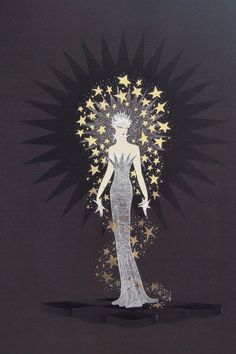 a drawing of a woman standing in front of stars on a black background with gold and silver accents