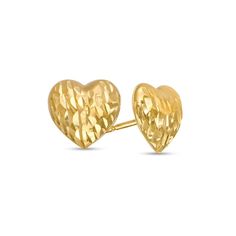 Bring a romantic touch to your favorite looks with these darling puff button heart stud earrings. Created in 14K gold Each button-style puffed heart-shaped earring glistens with a unique texture that adds shine and shimmer to the style. These post earrings secure comfortably with friction backs. Button Heart, Puffed Heart, Button Style, Heart Stud Earrings, Heart Studs, Heart Earrings Studs, A Romantic, Celebration Of Life, Post Earrings