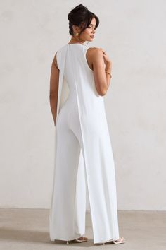 Statement Jumpsuit, Jumpsuit With Cape, White Wide Leg Jumpsuit, Club L London, Cami Jumpsuit, Sleek Bun, Wedding Shoes Bride, Black Dress Prom, Black Tie Gala