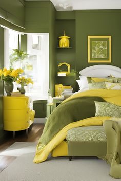 a bedroom with green walls and yellow accents