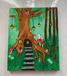 a painting of a tree house in the middle of a forest with fairy lights hanging from it's branches