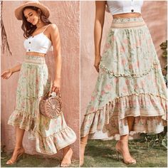 97% Cotton, 3% Spandex Floral Print Ruffle Hem Skirt Pre-Order Ruffle Skirts, Long Flowy Skirt, Ruffle Hem Skirt, Tiered Midi Skirt, Dream Style, Pink Pastel, Hem Skirt, Flowy Skirt, Cottage Core