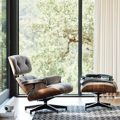 In 1956, Charles and Ray set out to reimagine the English club chair with "the warm, receptive look of a well-used first baseman's mitt." The design duo succeeded, and nearly 70 years later, the Eames® Lounge Chair & Ottoman is a 20th-century icon. Presented with a walnut shell and Maharam Prone Obsidian Leather, the classic pairing replicates the chair's original character, a choice that complements any interior aesthetic. While the look remains the same, so does the dedication to quality. Each Poltrona Design, Lounge Chair Ottoman, Lounge Chair And Ottoman, Chair Decor, Lounge Chairs Living Room, Chair Ottoman, Furniture Hacks, Eames Lounge, Chair Style