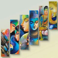 an image of buddha paintings on canvases in different colors and sizes, set against a white wall