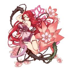 a woman with long red hair and pink flowers on her body is sitting in front of a