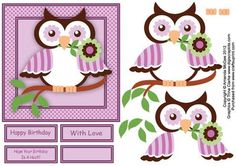 two owls sitting on top of a tree branch with flowers in their beaks and the words happy birthday