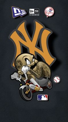 the new york yankees logo is shown on a black background with other sports related items