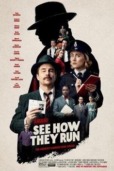 the movie poster for see how they run is shown with many people in suits and hats