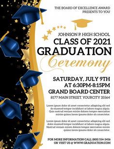 a graduation party flyer with blue caps and gold stars on the side, in front of a black background