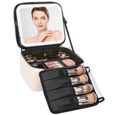 PRICES MAY VARY. 【Adjustable brightness LED mirror】3 lighting modes with short press to adjust the color temperature between cool, natural and warm light, long press to control the brightness from 0% to 100% 【Detachable and large capacity makeup storage box】 The lighted travel makeup bag comes with 6 detachable shock-resistant EVA partitions for customizable storage space, and separate makeup brush holders for brush holding 【Upgraded design makeup bag with led mirror】The travel makeup bag is mad Makeup Brushes Storage, Artist Storage, Customizable Storage, Makeup Case Organization, Brush Holders, Design Makeup, Brush Storage, Light Mirror, Makeup Storage Box