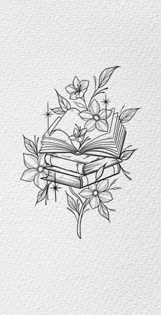 Pencil Art Aesthetic, Book And Flowers, Book With Flowers, Fine Line Drawing, Fantasy Tattoos, Flowers Tattoo