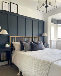 a bedroom with blue paneled walls and white bedding, two lamps on either side of the bed