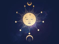 the sun and moon are depicted in this artistic illustration with stars, crescents, and faces