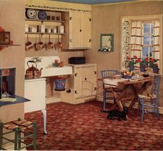 an old fashioned kitchen is shown in this painting