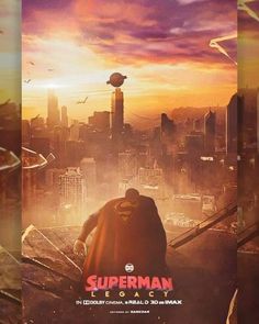 the poster for superman is shown in front of a cityscape