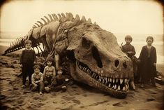 an old photo of children standing next to a dinosaur skull on the beach with two adults and one child