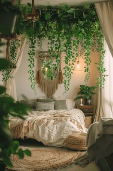 a bedroom with plants hanging from the ceiling