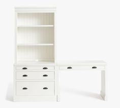 a white desk and bookcase with drawers