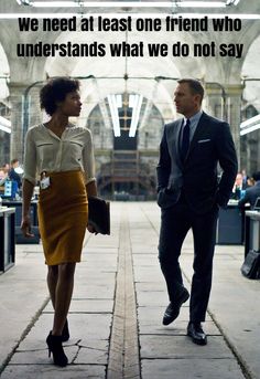 a man and woman walking down a train platform with the caption, we need at least one friend who understands what we do not say