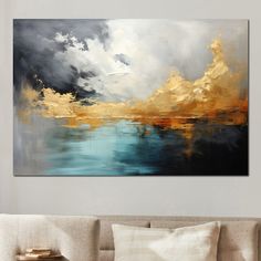 an abstract painting hangs on the wall above a couch