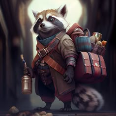 a painting of a raccoon with a backpack on it's back holding a bottle