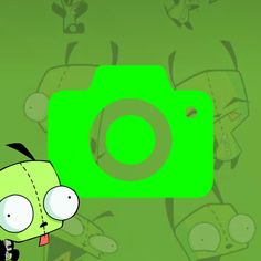 a cartoon character holding up a green camera