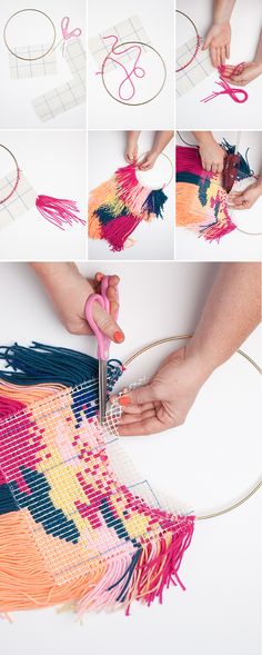 someone is weaving something with yarn and scissors