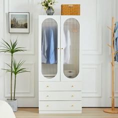 a white cabinet with two doors and drawers in a room next to a potted plant