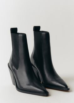 Leather pointed ankle boots - Women | MANGO USA Heeled Ankle Boots Outfit, Black Mid Calf Boots, Casual Shoes Women Sneakers, Pointy Boots, Botas Western, Pointed Ankle Boots, Boots Outfit Ankle, Work Shoes Women, Botas Chelsea