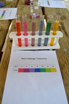 a wooden table topped with test tubes filled with colored liquids and paper on top of it