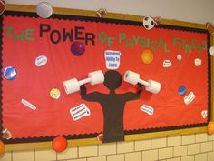 a bulletin board is decorated with toilet rolls and stickers on it, along with the words power of physical fires