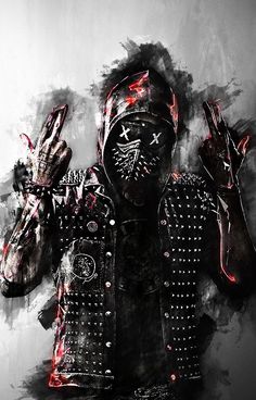 a person with their hands up in the air and wearing a black jacket covered in metal rivets