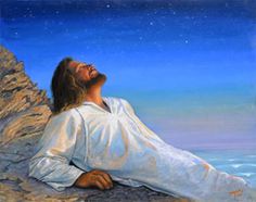 a painting of jesus laying on the ground looking up at the stars in the sky