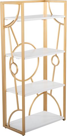 a gold and white shelf with three shelves on each side, one is open to show the