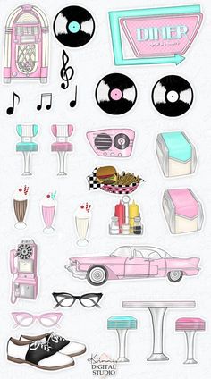 pink and black stickers with various items on them, such as shoes, sunglasses, hair