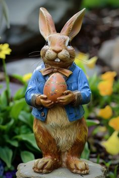 a statue of a rabbit holding an easter egg