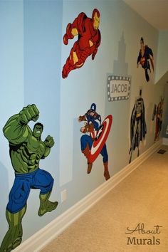 the wall in this room is decorated with avengers and captain america decals