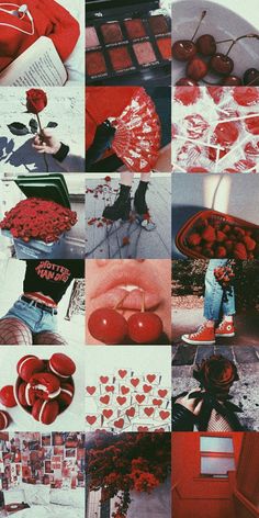 a collage of red and black images with hearts, roses, flowers, books