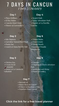 the 7 days in cancun itiners list is shown with information about what to do and where to go