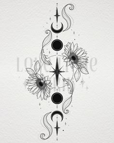 sunflowers and crescent tattoo design on white paper