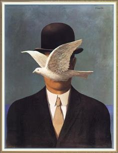 a painting of a man wearing a suit and tie with two birds on his head