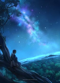 a person sitting on top of a tree under a sky filled with stars and clouds