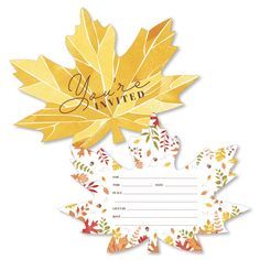 an autumn leaf shaped party card with the words, you're married on it