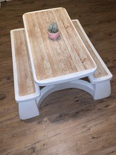 a wooden table with a cactus on it and a small potted plant in the middle