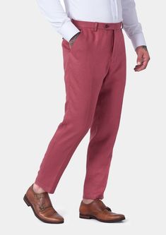 Delivered in as little as two weeks. Covered by our Free Remake Guarantee. Don’t forget Shirts, Jackets, Ties & Squares. Elegant Red Cotton Bottoms, Pink Linen Straight Pants, Red Linen Bottoms For Spring, Tailored Red Straight Pants, Red Linen Summer Bottoms, Red Linen Bottoms For Summer, Red Linen Pants, Custom Made Suits, Linen Suit