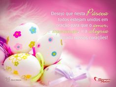 an easter card with white eggs and flowers on pink background, in the center is a purple ribbon