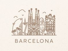 the barcelona skyline is drawn in brown and white, with palm trees on either side