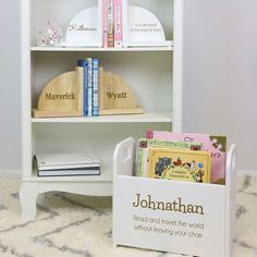 there is a book shelf with books on it and a sign that says, jonathan read and have the words without leaving your chair