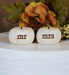 two white pumpkins with the word mr and mrs painted on them sitting on top of a cake